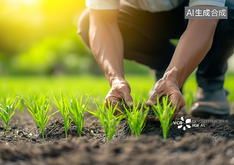 【AI数字艺术】农民的手正在插苗播种图片素材