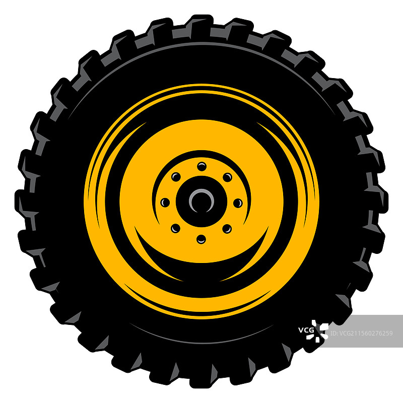 一条大胆的黑色轮胎，配有醒目的黄色轮辋和图片素材