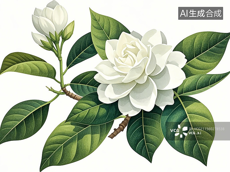 【AI数字艺术】茉莉花植物手绘插画图片素材
