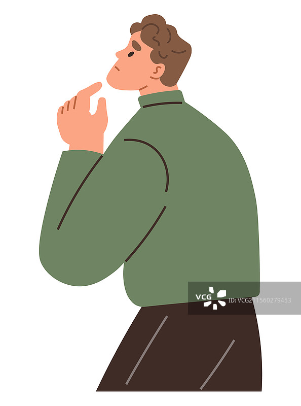 穿着绿色毛衣的沉思男子正在分析图片素材