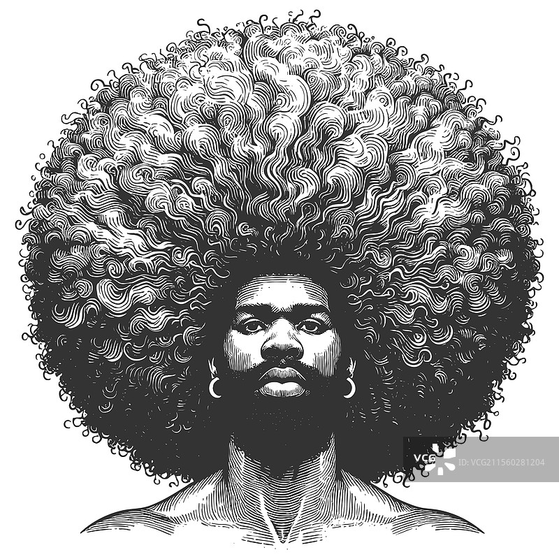 拥有巨大卷曲非洲发型的男子雕刻画图片素材