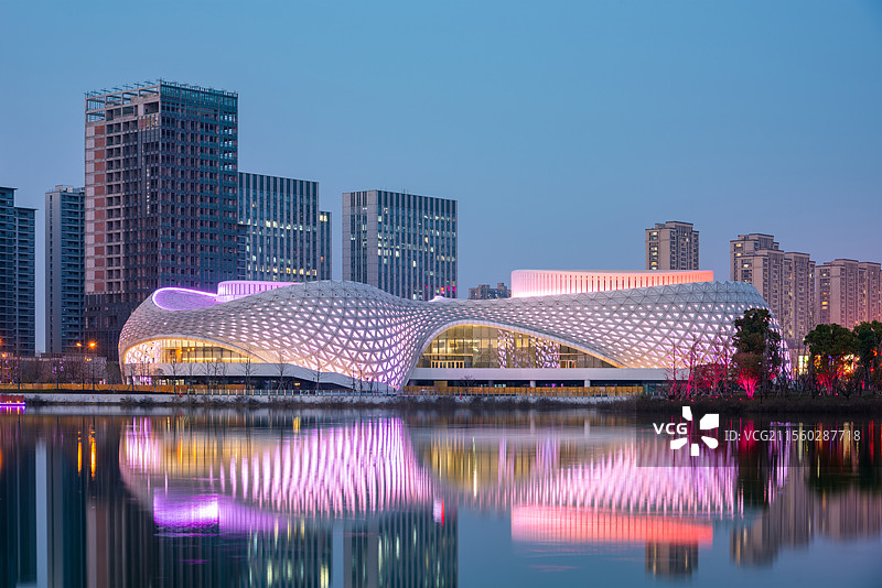 金沙湖 夜景 杭州钱塘区 金沙湖大剧院 下沙 地标建筑 城市建筑风光 金沙湖公园图片素材