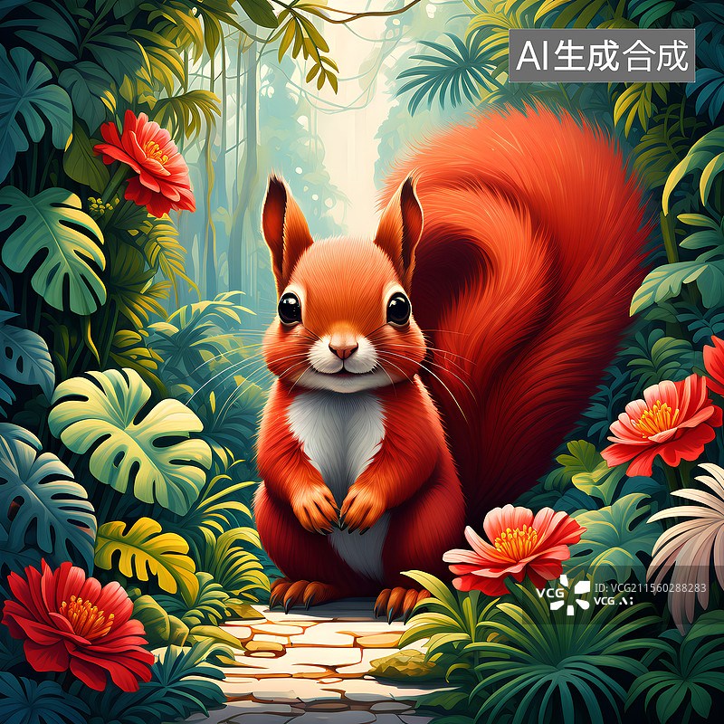 【AI数字艺术】动物主题插画 树林里的红松鼠图片素材