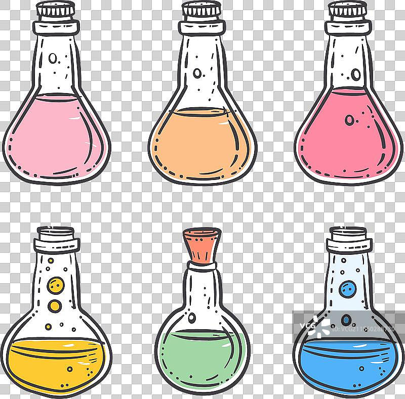 六个色彩斑斓的手绘药水瓶化学实验图片素材