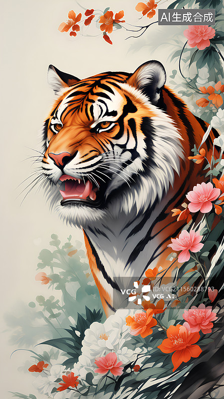 【AI数字艺术】动物主题插画 新中式风格 虎装饰插画图片素材
