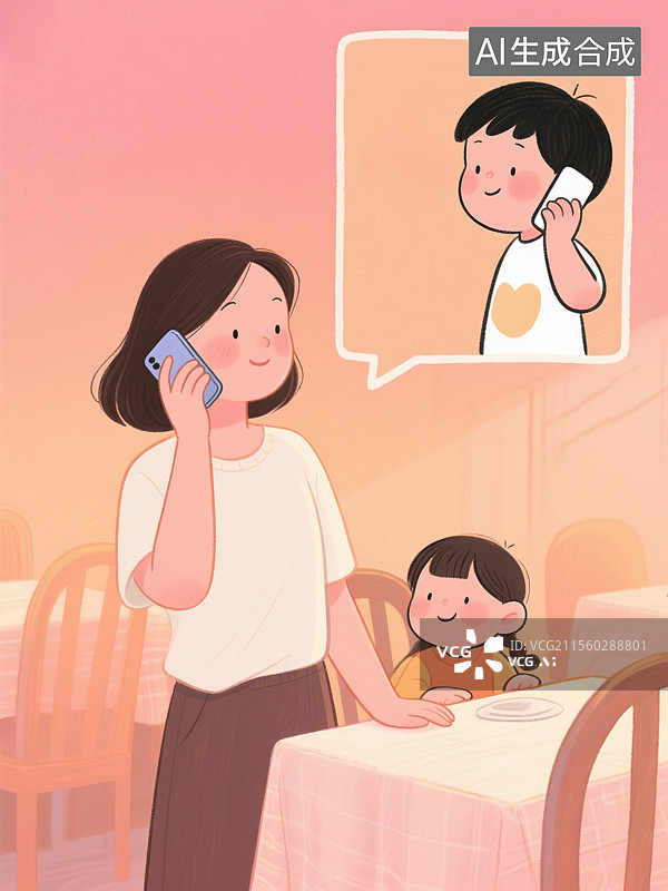 【AI数字艺术】爸爸妈妈给孩子打电话插画图片素材