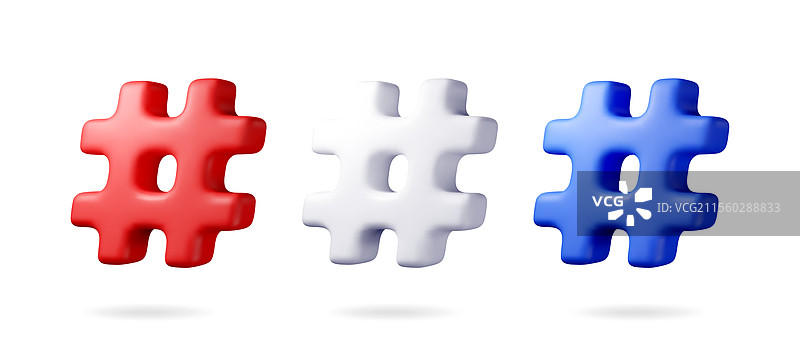 3D逼真的井号符号孤立在白色背景上图片素材