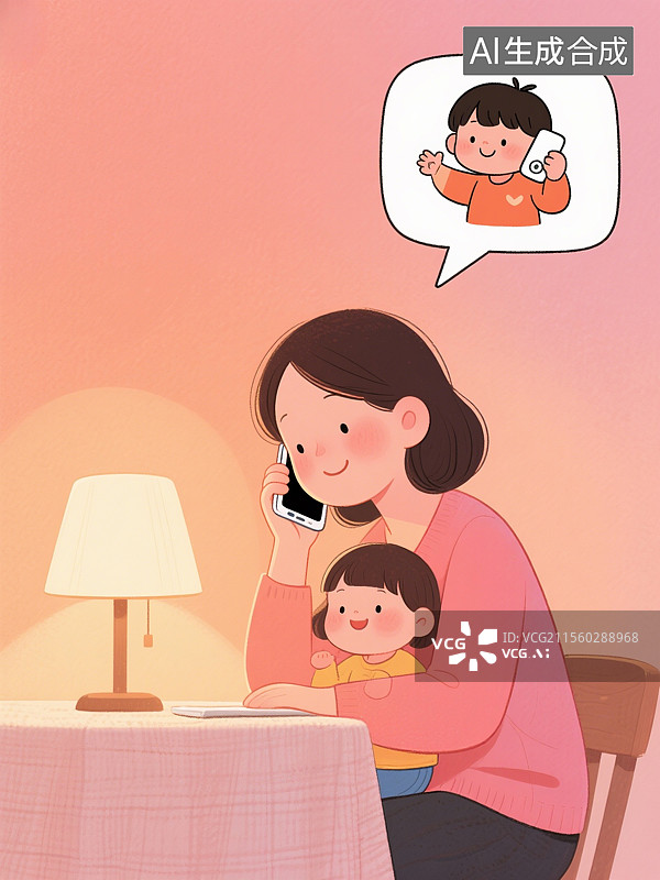【AI数字艺术】爸爸妈妈给孩子打电话插画图片素材