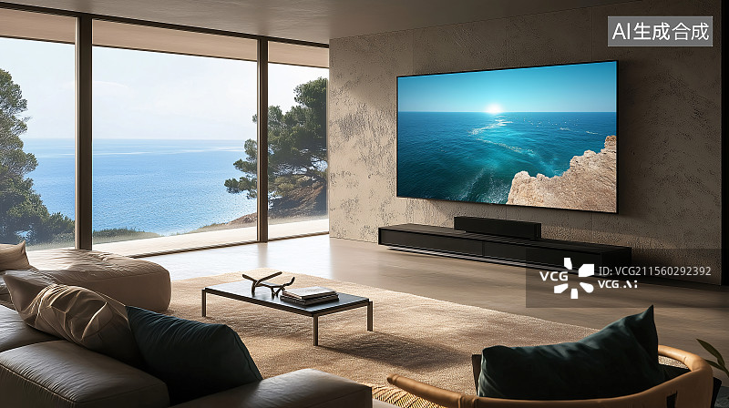 【AI数字艺术】现代简约风客厅，临湖大窗引景入室，搭配舒适沙发与大屏电视，尽显惬意闲适。图片素材