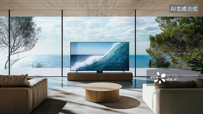 【AI数字艺术】现代简约风客厅，临湖大窗引景入室，搭配舒适沙发与大屏电视，尽显惬意闲适。图片素材