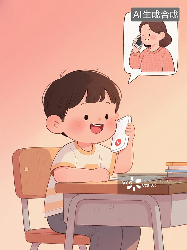 【AI数字艺术】孩子给父母打电话亲情卡通插画图片素材