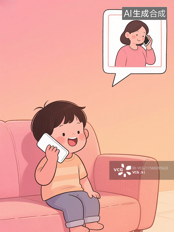 【AI数字艺术】孩子给父母打电话亲情卡通插画图片素材