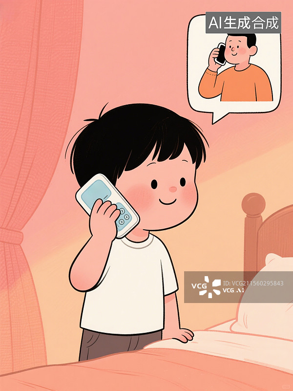【AI数字艺术】孩子给父母打电话亲情卡通插画图片素材