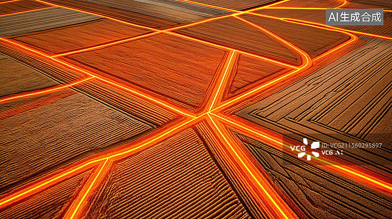 【AI数字艺术】抽象麦田中国传统节气小满智慧农业垂直网格线上发光麦穗乡村振兴与新质生产力航拍低空经济图片素材