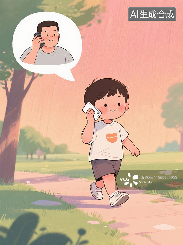 【AI数字艺术】孩子给父母打电话亲情卡通插画图片素材