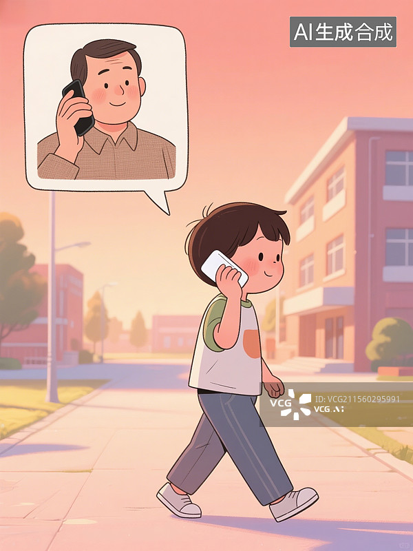 【AI数字艺术】孩子给父母打电话亲情卡通插画图片素材