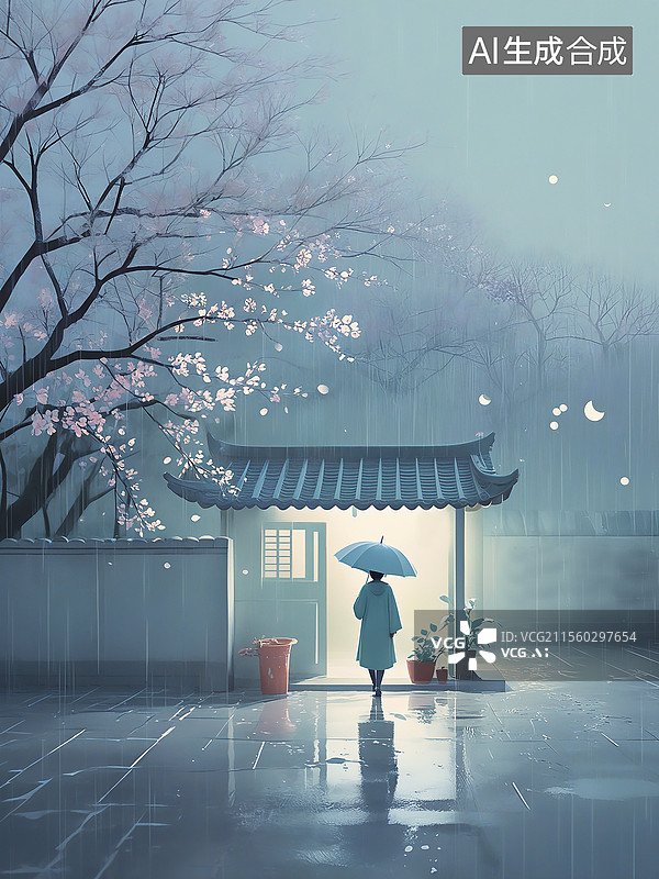 【AI数字艺术】雨中的庭院，打伞进门的古风人物背影，中国风二十四节气插画 古诗绘本配图，游戏场景， 竖版竖版图片素材