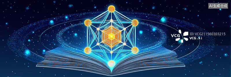 【AI数字艺术】教师节和世界读书日主题插画海报抽象教育宇宙多面体书本星球散发知识星尘蓝渐变上的粉笔星系轨道智慧核心图片素材