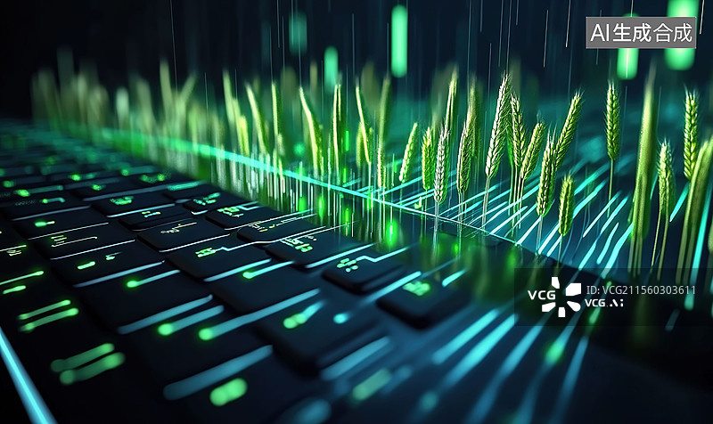 【AI数字艺术】数字丰收抽象麦田与键盘科技的融合深空蓝渐变中光纤麦穗阵列发光数据雨滋养智慧农业乡村振兴劳动节图片素材