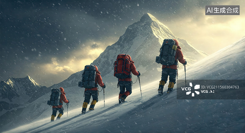 【AI数字艺术】登山者在雪山上行进图片素材