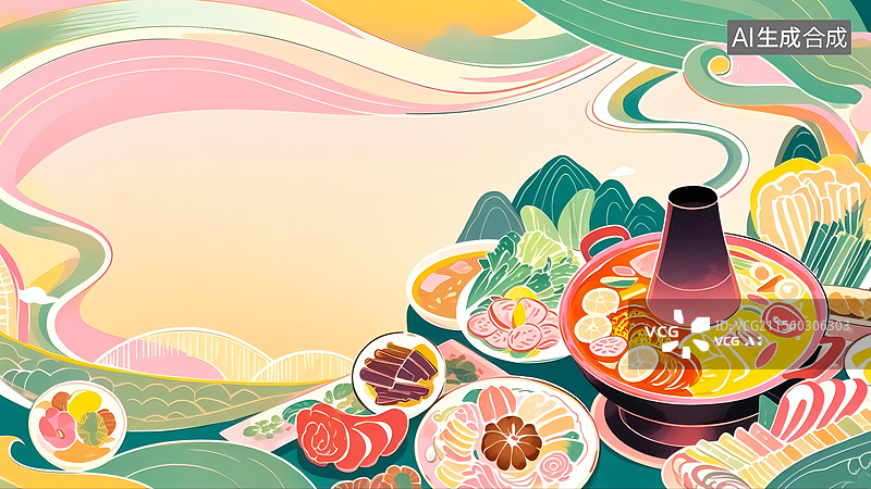 【AI数字艺术】2D卡通最大火锅美食插画图片素材