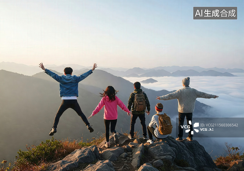 【AI数字艺术】五人山顶跳跃庆祝图片素材
