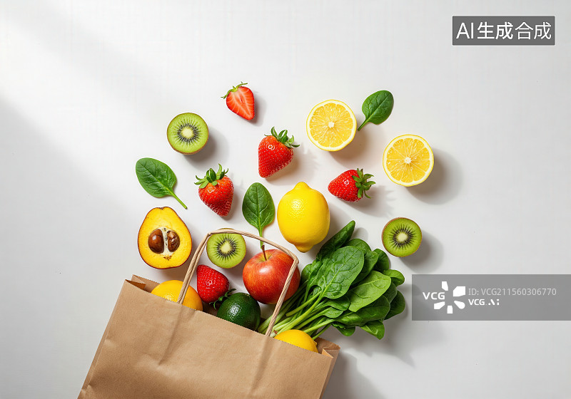 【AI数字艺术】新鲜水果和蔬菜从纸袋中溢出图片素材