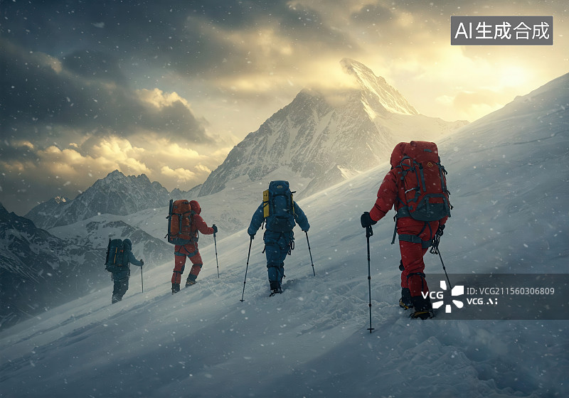 【AI数字艺术】登山者在雪山上行进图片素材