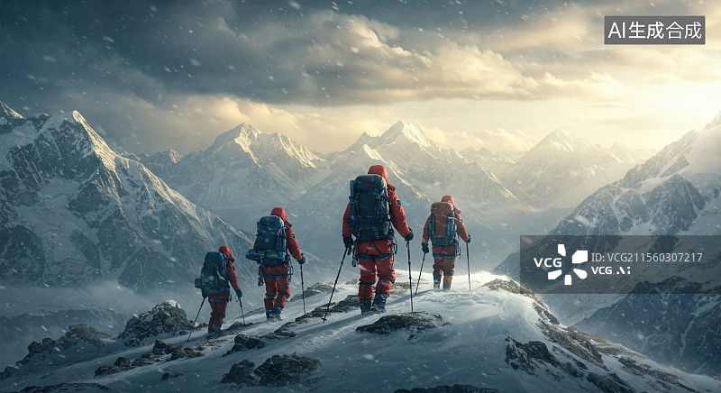 【AI数字艺术】登山者在雪山上行进图片素材