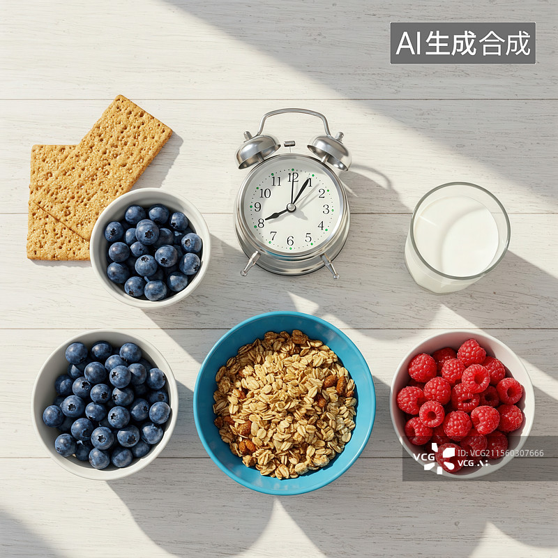 【AI数字艺术】早餐食材与闹钟图片素材