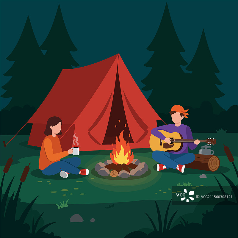 情侣在夜晚露营，享受篝火和图片素材