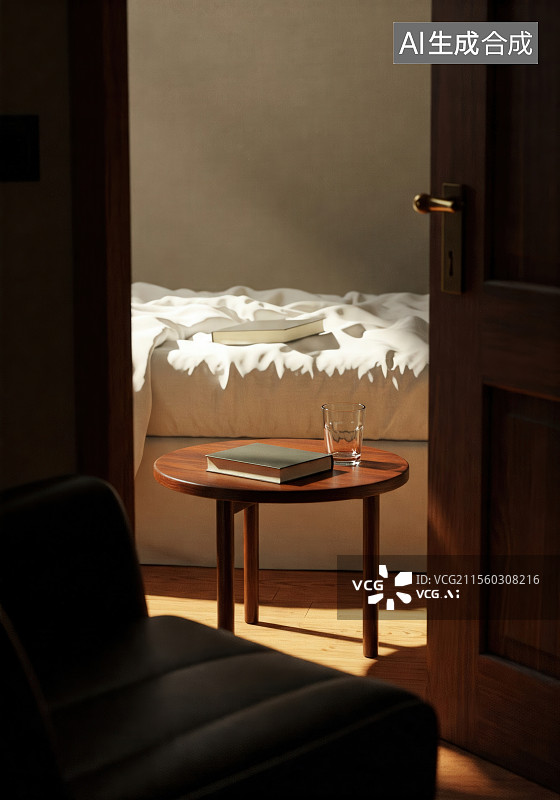 【AI数字艺术】阳光洒在床边的书和玻璃杯图片素材