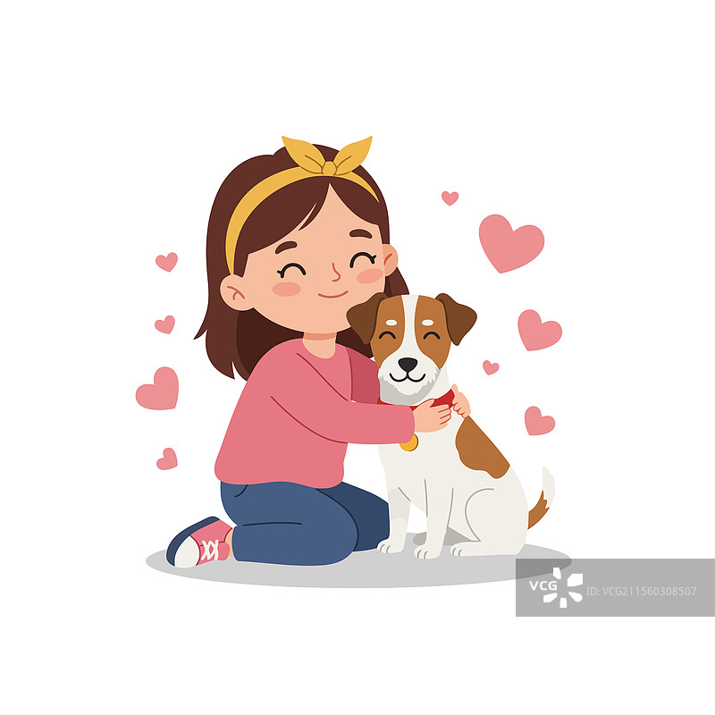 女孩抱着她的狗，周围漂浮着爱心。图片素材
