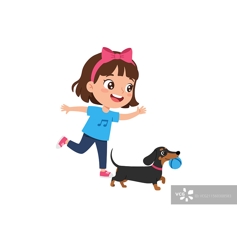 女孩与腊肠犬和球一起玩耍图片素材