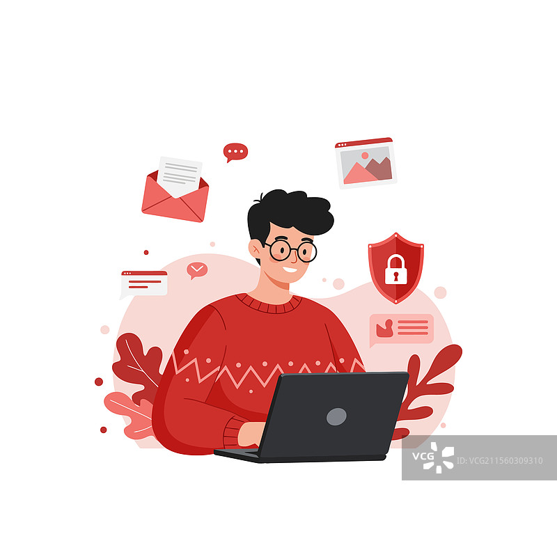 男子在笔记本电脑上工作，注重安全性图片素材