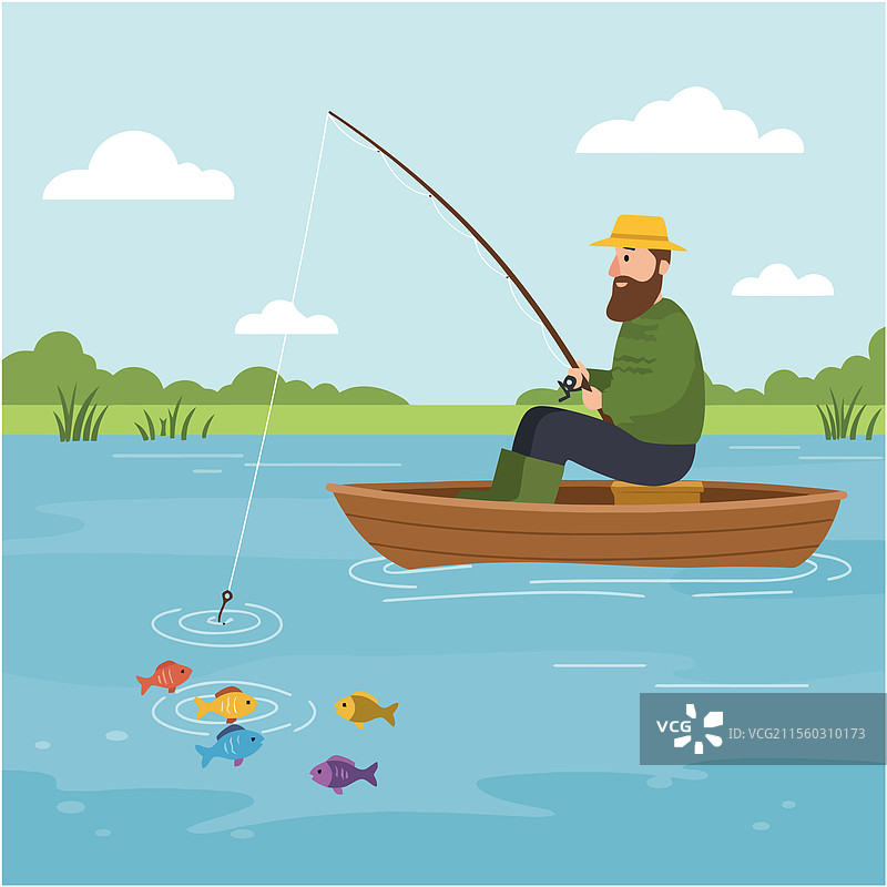 男人在平静的水面上划船钓鱼，周围有五彩斑斓的鱼。图片素材