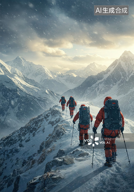 【AI数字艺术】登山队员在雪山上行进图片素材