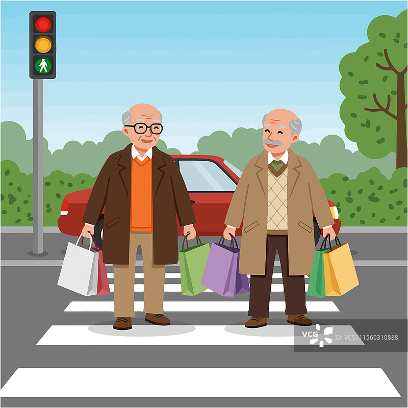 老年男性在绿灯下过马路购物图片素材