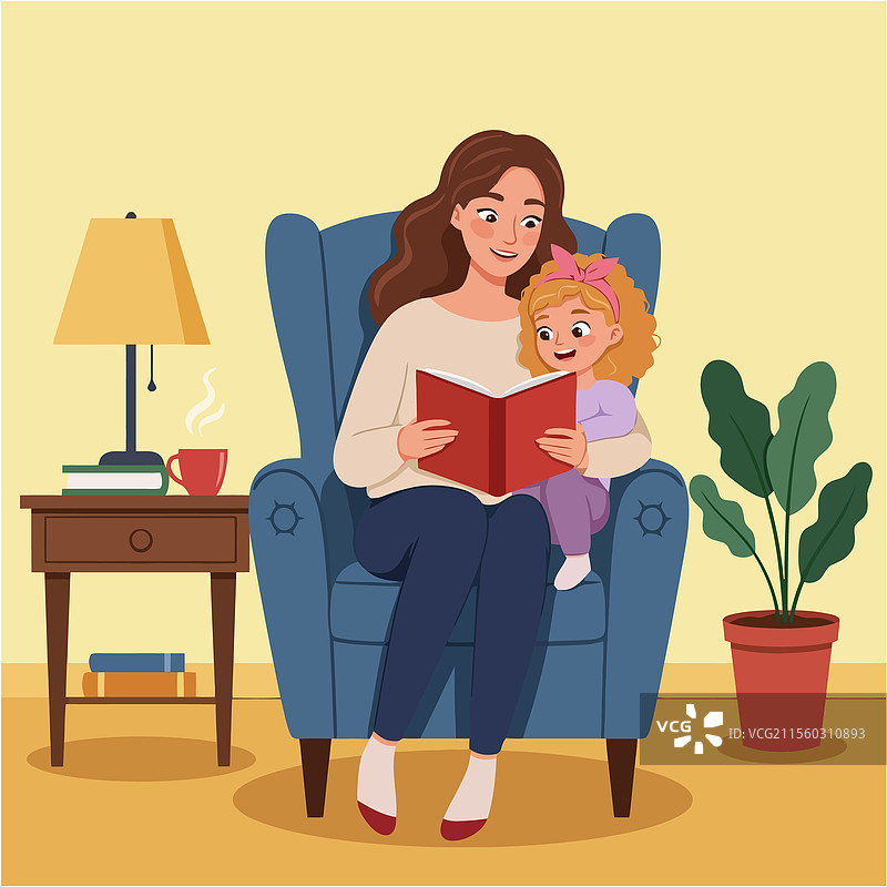 母亲在温馨的环境中给女儿读书图片素材