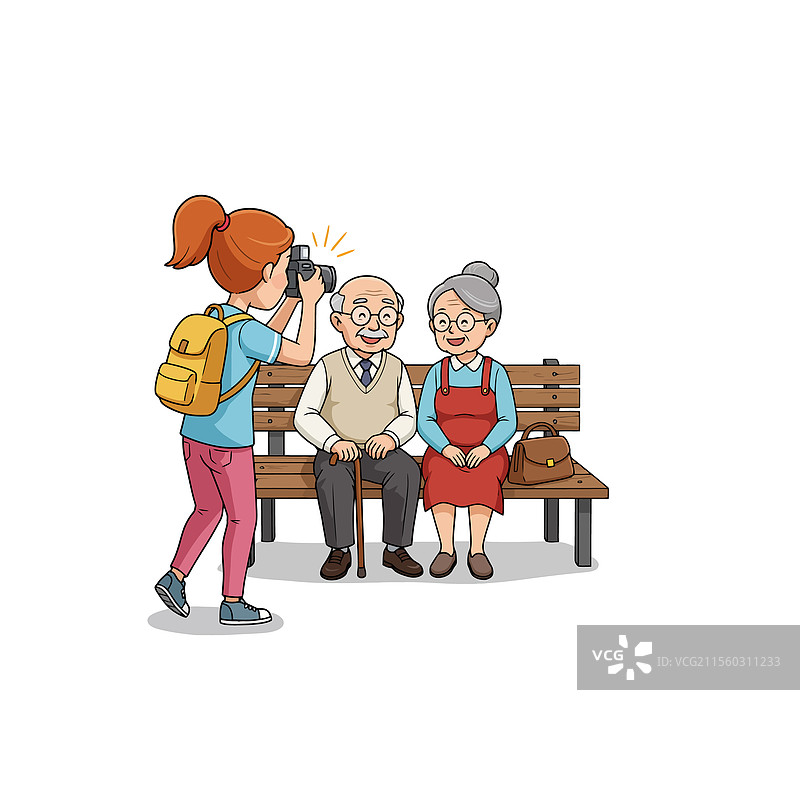 祖父母在长椅上摆姿势拍照图片素材