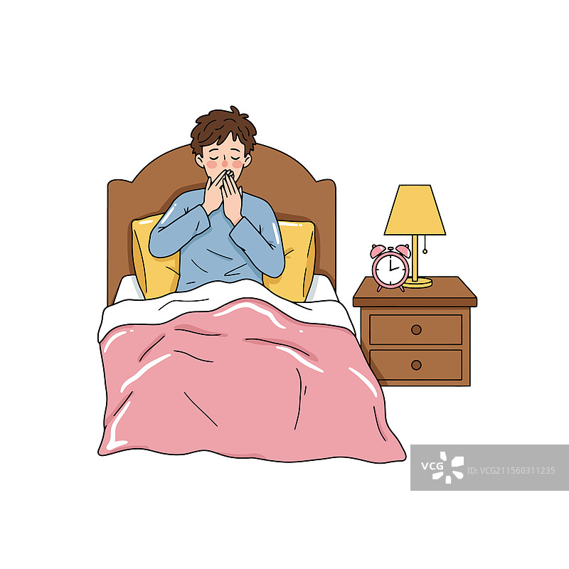 床上打哈欠的卡通男人，旁边有闹钟和台灯图片素材