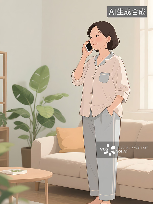 【AI数字艺术】中老年父母亲在家中打电话情景图片素材