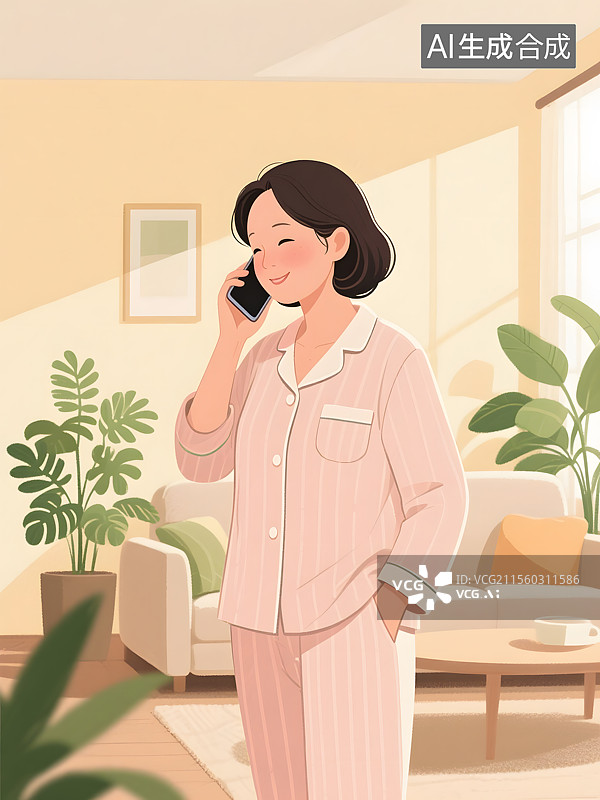 【AI数字艺术】中老年父母亲在家中打电话情景图片素材