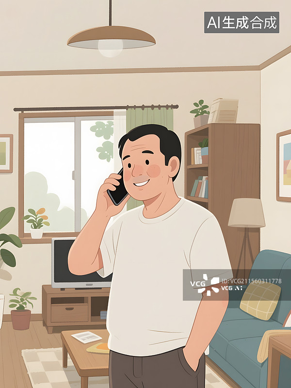 【AI数字艺术】中老年父母亲在家中打电话情景图片素材