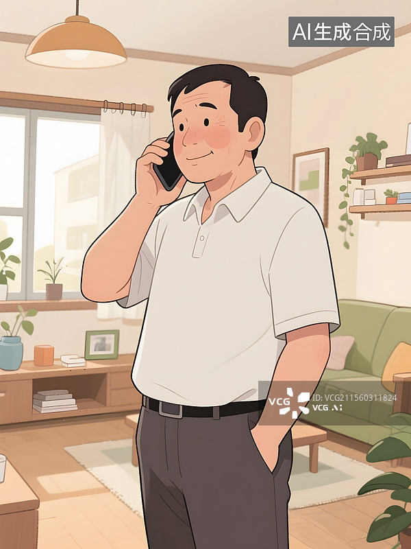【AI数字艺术】中老年父母亲在家中打电话情景图片素材