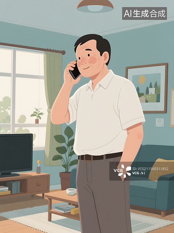 【AI数字艺术】中老年父母亲在家中打电话情景图片素材