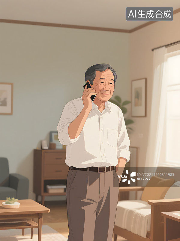 【AI数字艺术】中老年父母亲在家中打电话情景图片素材