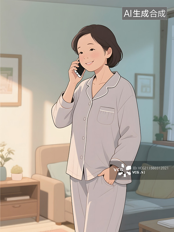 【AI数字艺术】中老年父母亲在家中打电话情景图片素材
