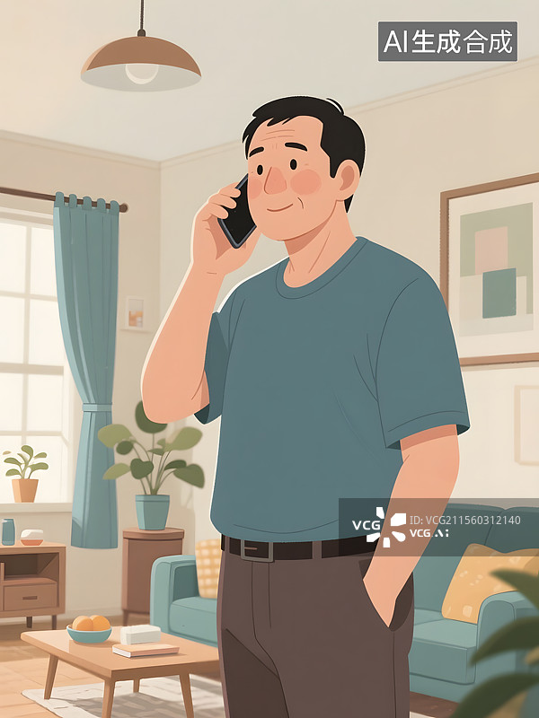 【AI数字艺术】中老年父母亲在家中打电话情景图片素材