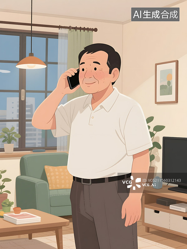 【AI数字艺术】中老年父母亲在家中打电话情景图片素材